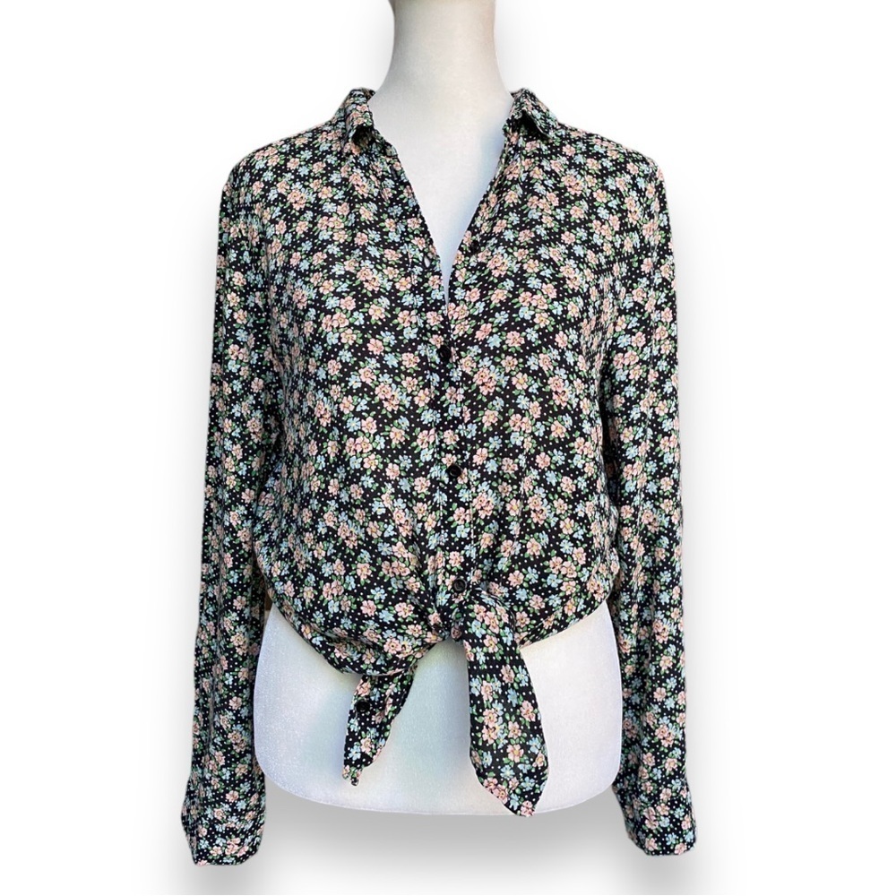 TOPSHOP Black Floral and Polkadot Print Long Sleeve Button Down Blouse | Size 2